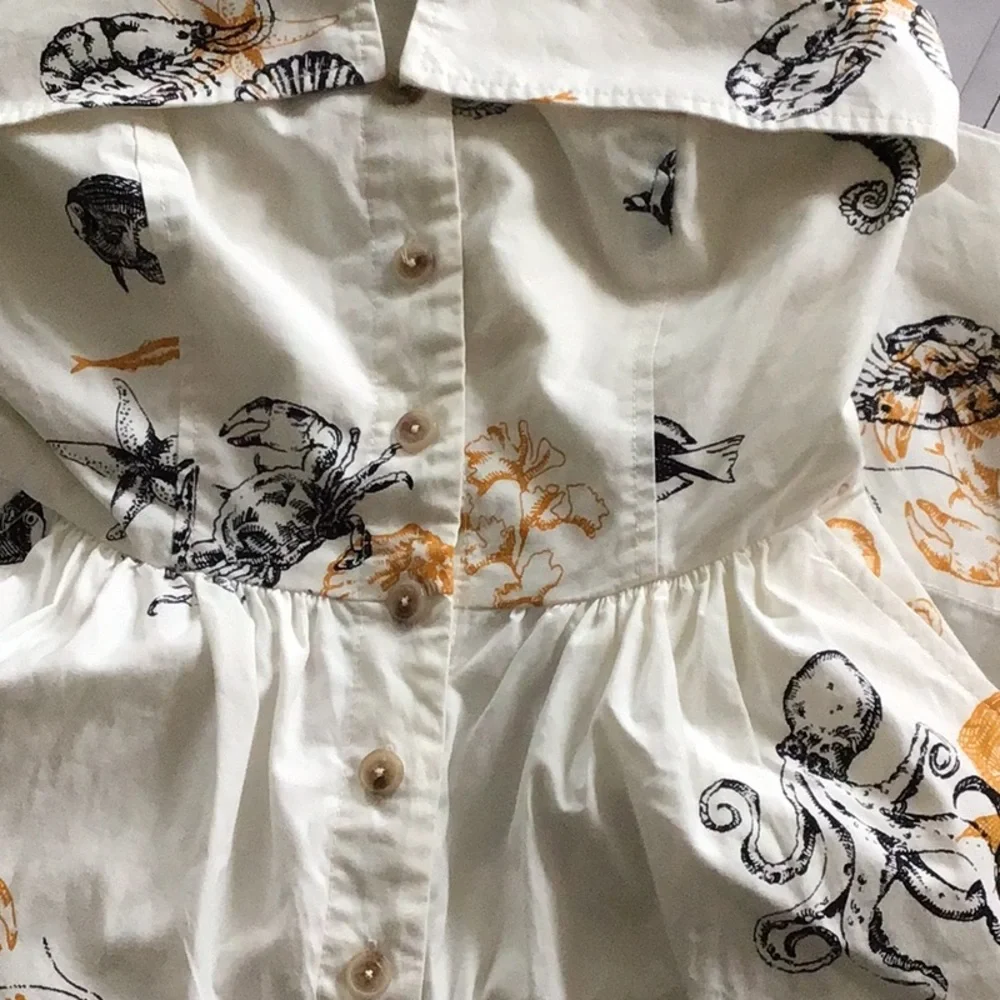 Anthropologie Maeve Sea Creatures Strapless Buttondown Wide-Leg Jumpsuit - Picture 11 of 16